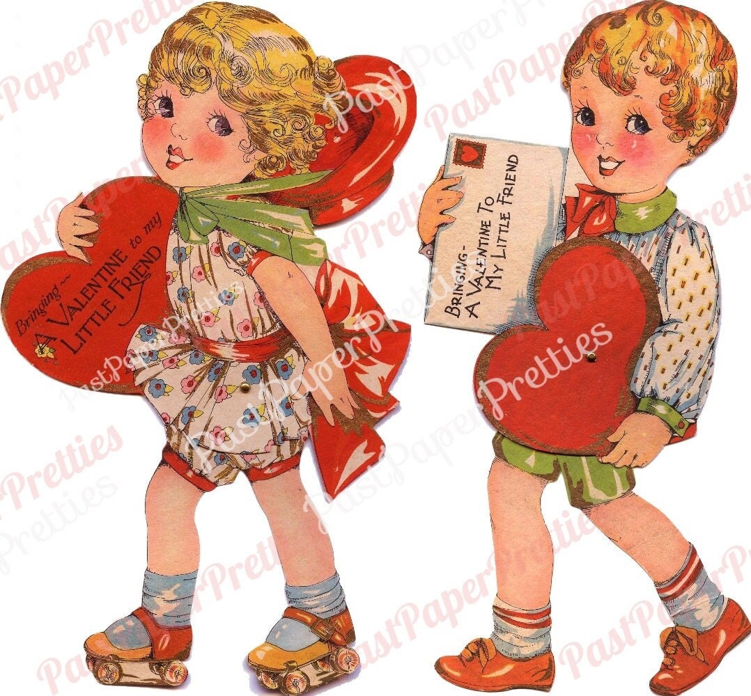 Vintage Printable Valentines Cards Cute Rollerskating Girl and Boy with Letter Images 1920s PDF Instant Digital Download Art Deco Kids