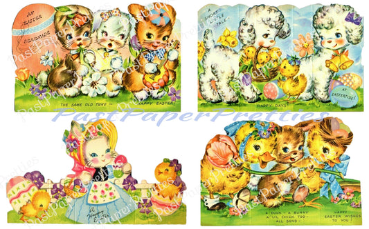 4 Vintage Printable Adorable Easter Animals Folding Cards Images PDF Instant Digital Download Kitsch Mid Century Bunnies Lambs Chicks