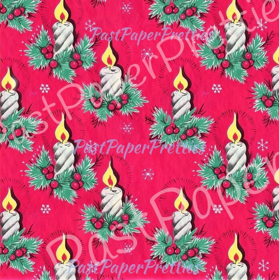 Vintage Printable Christmas Gift Wrap Retro 4 Pack Candy Cane Trees Candle Designs Instant Digital Download Holiday Wrapping Paper Images