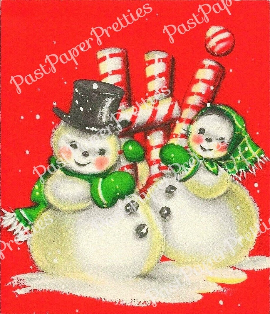 Vintage Printable Christmas Collage Sheet & Full Cards Snowman Faces Snow People PDF Instant Digital Kitsch Kawaii Snowmen 300 dpi