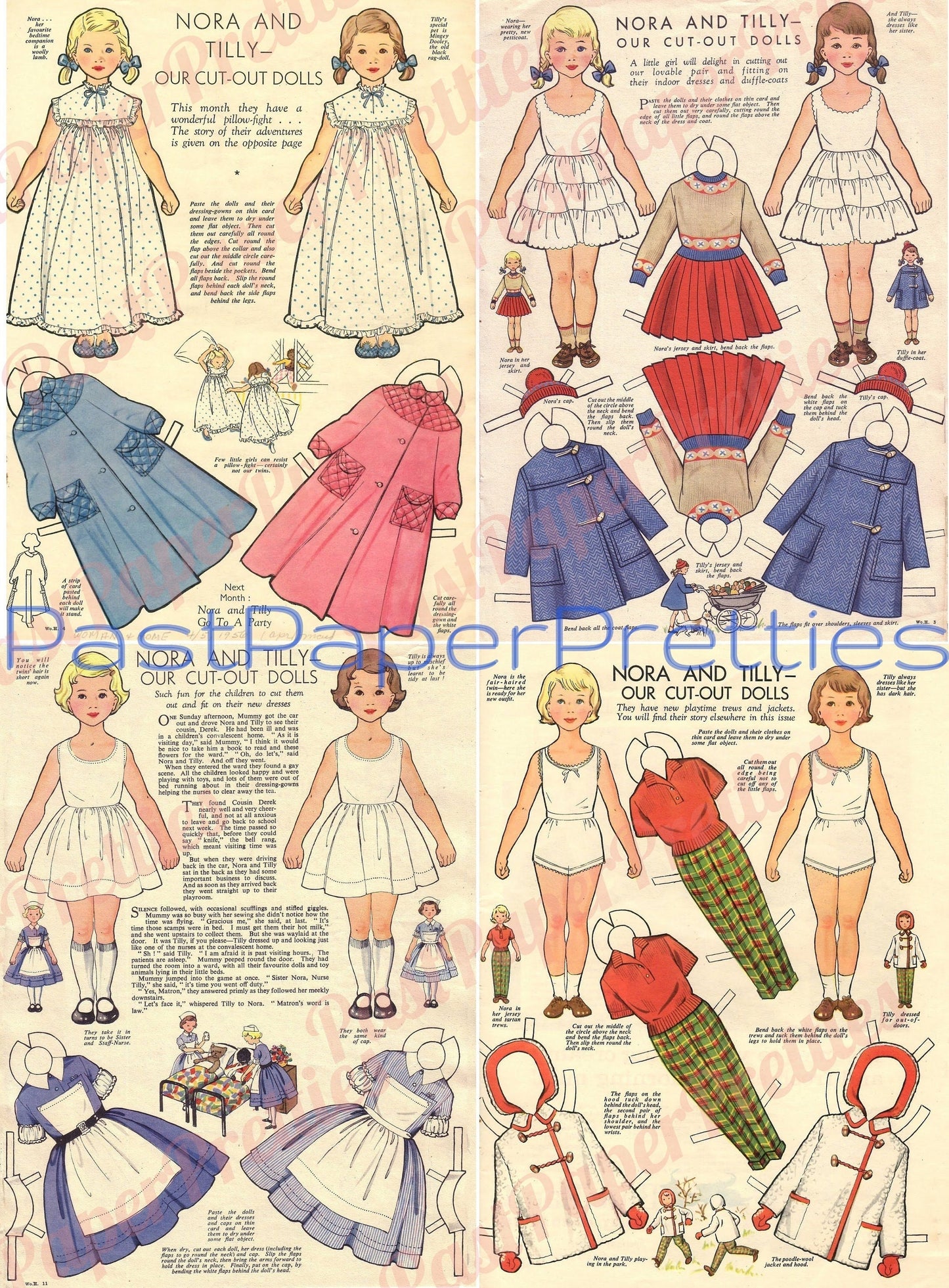 Vintage Paper Dolls Nora and Tilly Cute Girls Printable PDF Instant Digital Download 4 Sets Nurse Bedtime Play and Dress Clothes 1956