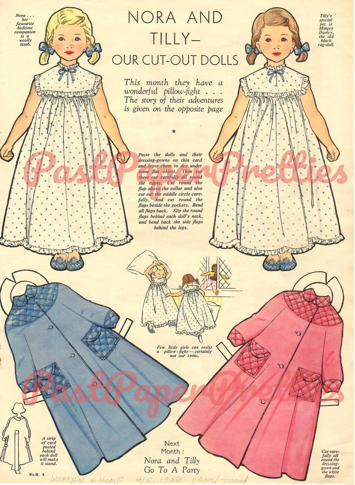 Vintage Paper Dolls Nora and Tilly Cute Girls Printable PDF Instant Digital Download 4 Sets Nurse Bedtime Play and Dress Clothes 1956