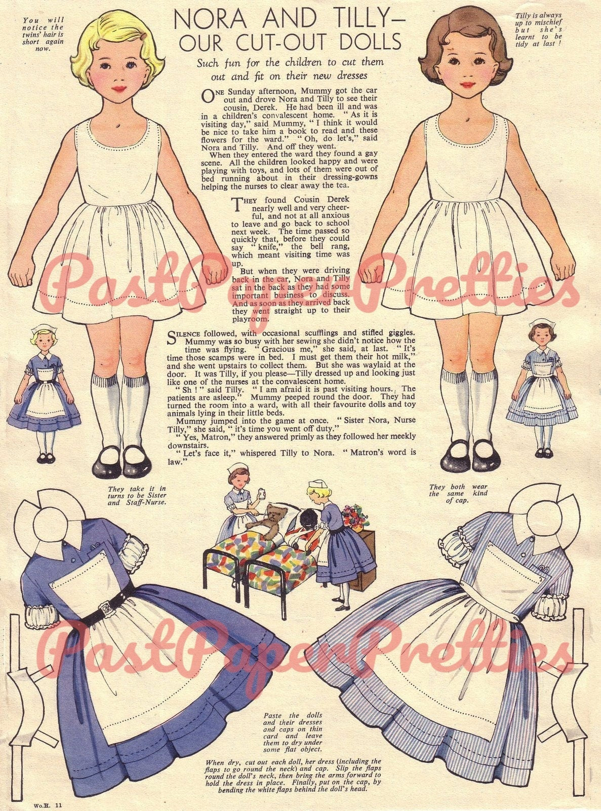 Vintage Paper Dolls Nora and Tilly Cute Girls Printable PDF Instant Digital Download 4 Sets Nurse Bedtime Play and Dress Clothes 1956