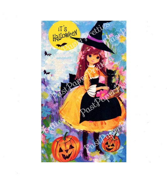 Vintage Printable Halloween Card Pretty Witch Girl Image c. 1980s Instant Digital Download Happy Halloween Clip Art 300 dpi