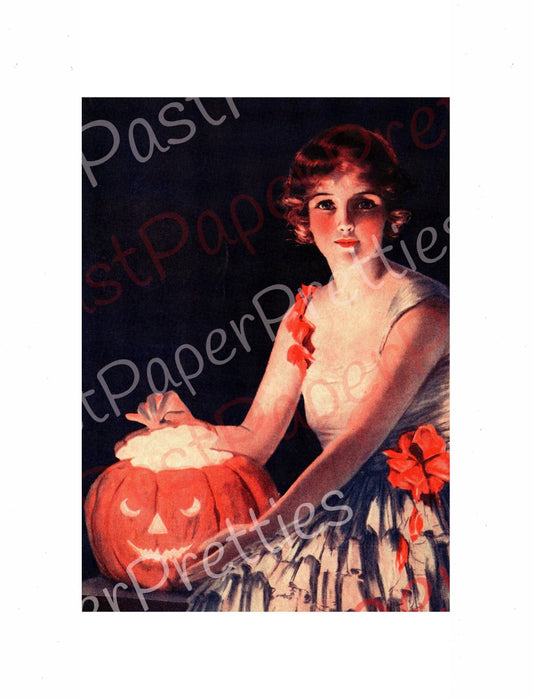 Vintage Printable Halloween Flapper with Pumpkin Postcard Pretty Lady Image c.1920s PDF Instant Digital Download Romantic Haunting Clipart