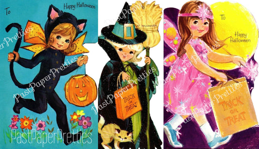 Vintage Printable Adorable Halloween Cards Little Girl Fairy Black Cat Witch Trick or Treaters Images PDF Instant Digital Download 300 dpi