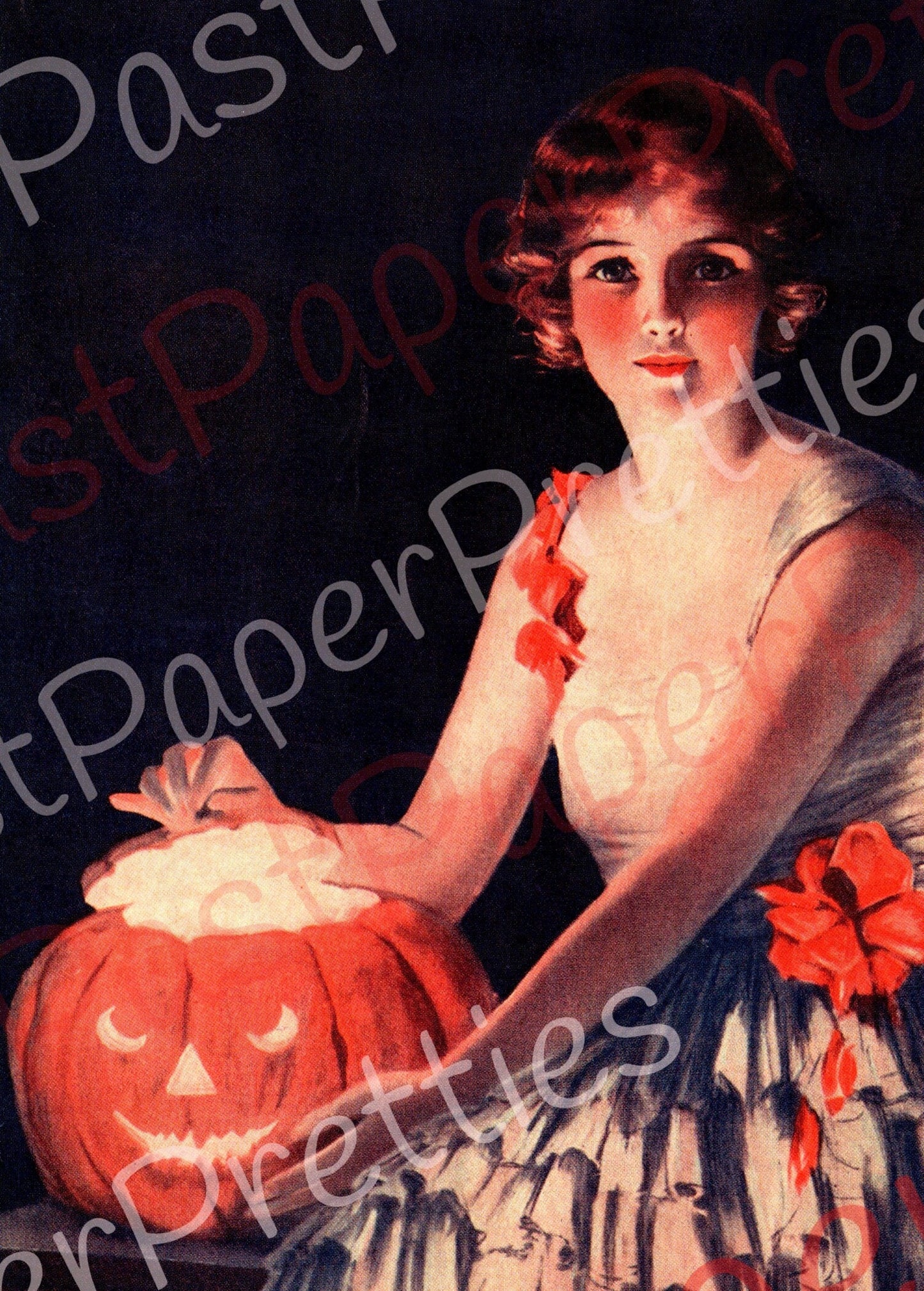 Vintage Printable Halloween Flapper with Pumpkin Postcard Pretty Lady Image c.1920s PDF Instant Digital Download Romantic Haunting Clipart