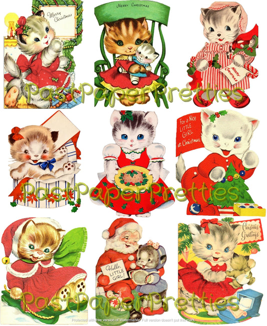 Vintage Printable Girl Kittens Kitty Cat Christmas Collage Sheets & Full Card Images PDF Instant Digital Download ALL Girly Cats Clipart