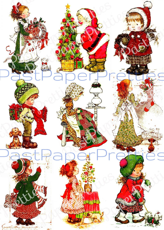 Vintage Printable Christmas Collage Sheet & Full Cards Old Fashioned Children Prairie Country Kids Clipart PDF Instant Digital Download