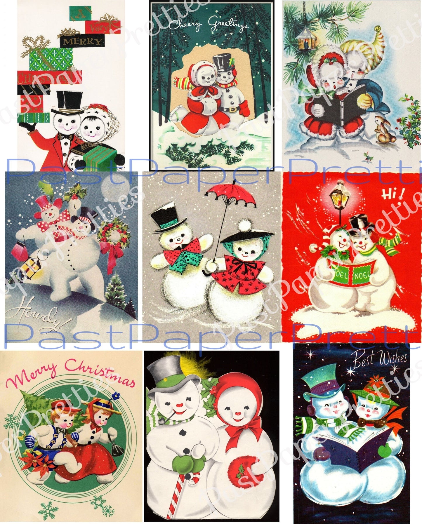 54 Vintage Printable Christmas Snowman Collage Sheets & Full Cards Snow Couples Snow People in Love PDF Instant Digital Kitsch Cute Snowmen