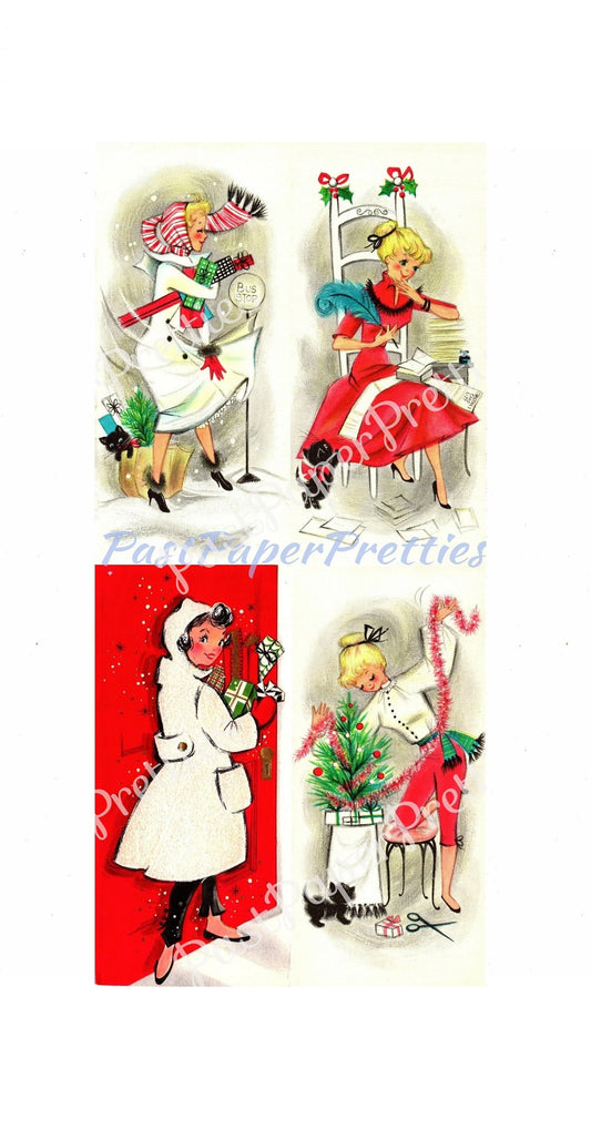 Vintage Printable Holiday Housewives Christmas Card Images Pretty Mid Century Ladies Retro Housewife PDF Instant Digital Download SET THREE