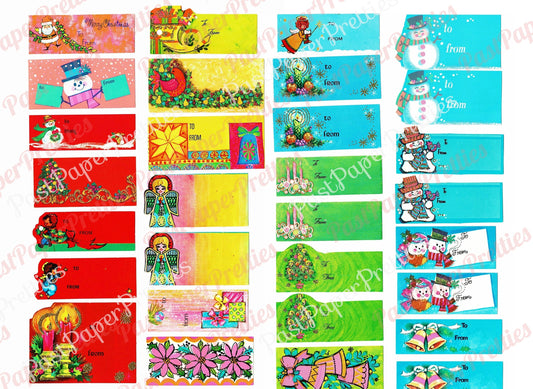 Vintage Printable Retro '70s Christmas Present Gift Tags Collage Rainbow Bright Colorful Kitsch Holiday Designs PDF Instant Digital Download