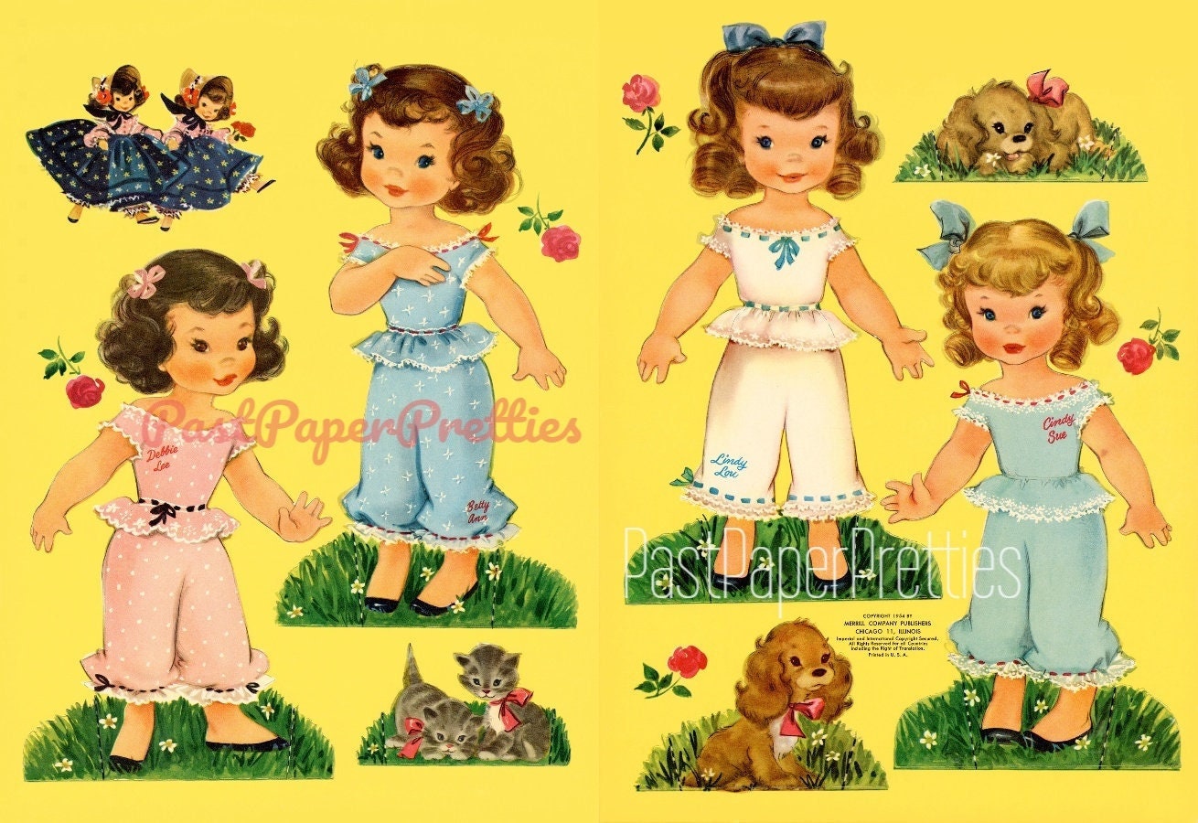 Vintage Paper Dolls Lindy-Lou 'n Cindy-Sue c. 1954 PDF Instant Digital Download Kitschy Cute Girls Wrap Around Dresses Printable Clip Art