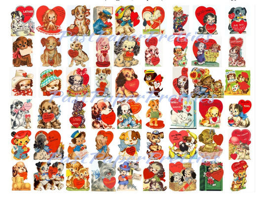 63 Vintage Puppy Dog Valentine Cards ALL Doggie Themed Images Printable PDF Instant Digital Download Kitsch Anthropomorphic Doggie Clip Art