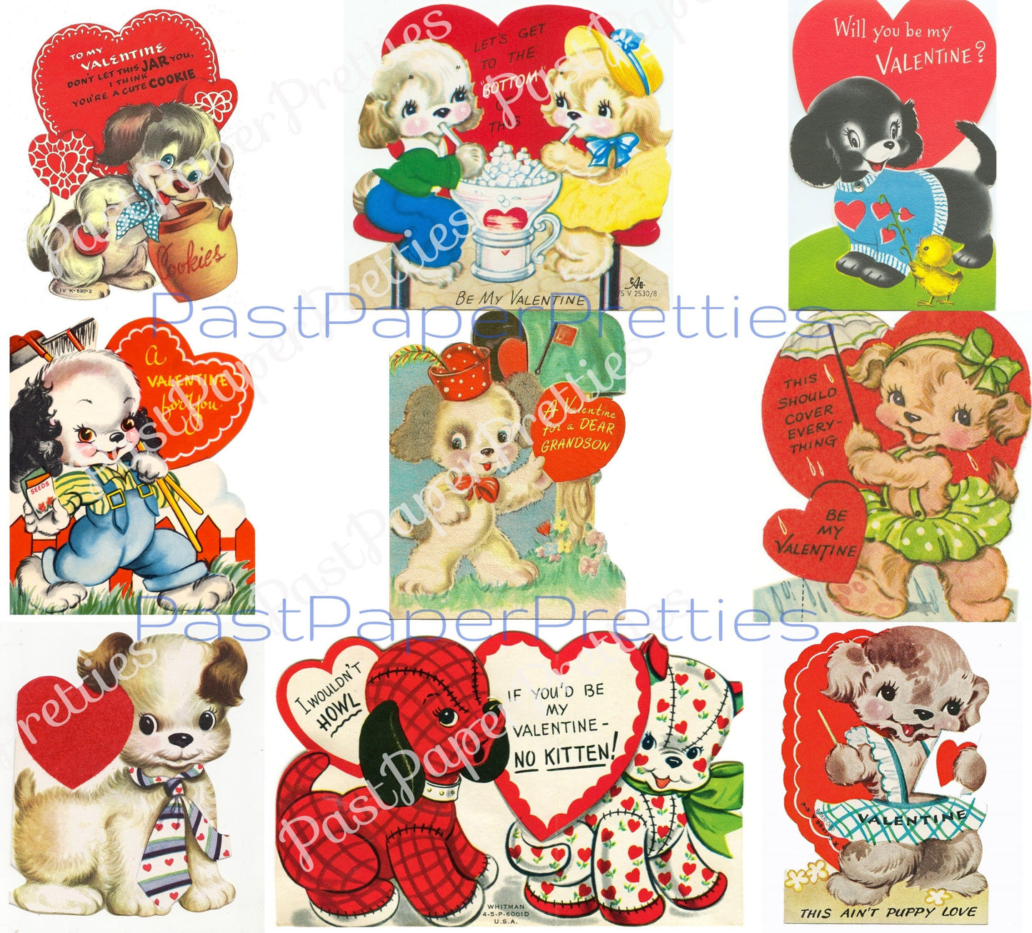 63 Vintage Puppy Dog Valentine Cards ALL Doggie Themed Images Printable PDF Instant Digital Download Kitsch Anthropomorphic Doggie Clip Art