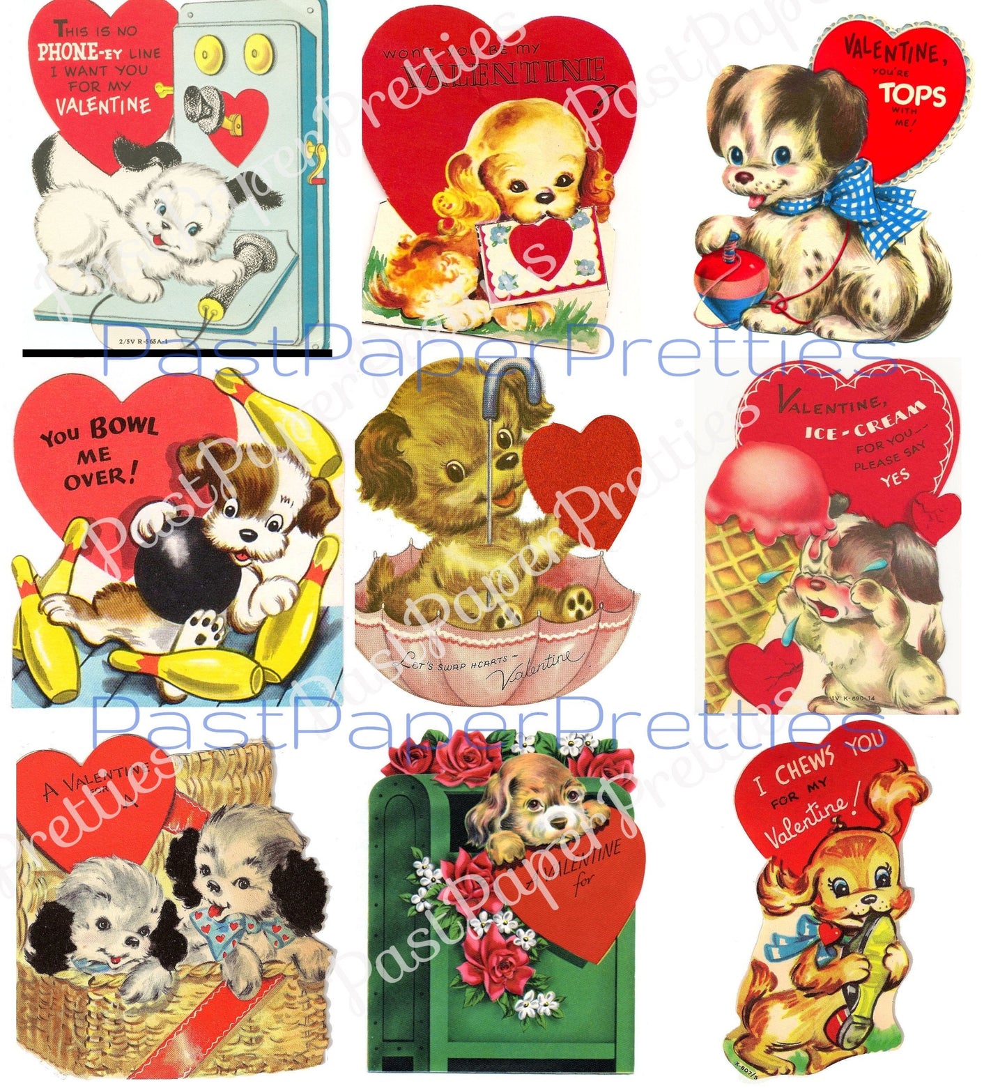 63 Vintage Puppy Dog Valentine Cards ALL Doggie Themed Images Printable PDF Instant Digital Download Kitsch Anthropomorphic Doggie Clip Art