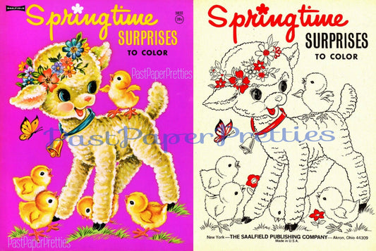 Vintage Printable Coloring Book Springtime Surprises 1950's PDF Instant Digital Download Cute Playing Children Spring Animals 65 Pages