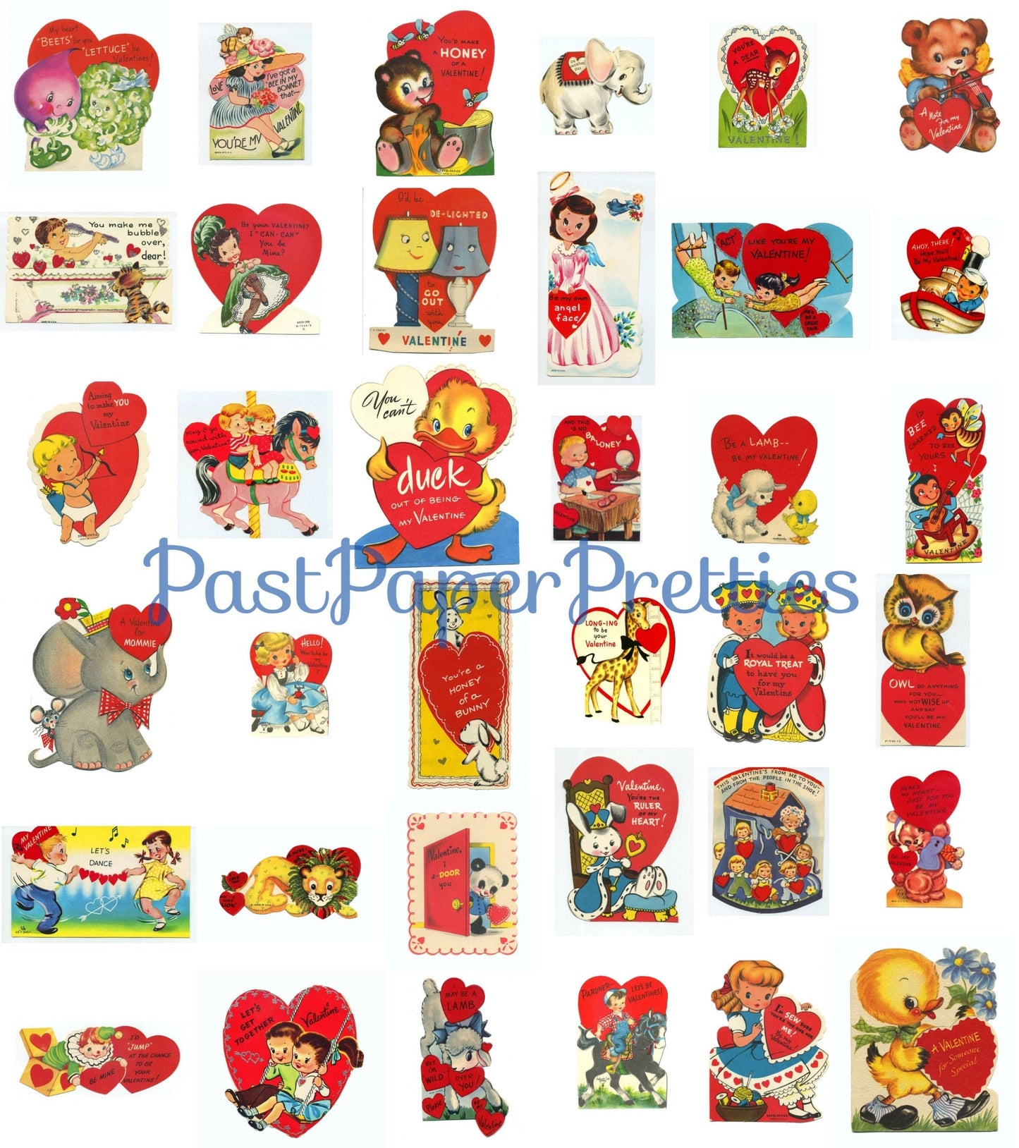 50 Vintage Printable Retro 1950s SINGLE Valentine Cards Cute Kitsch Children Animals Fruits Veggies Images PDF Instant Digital Download