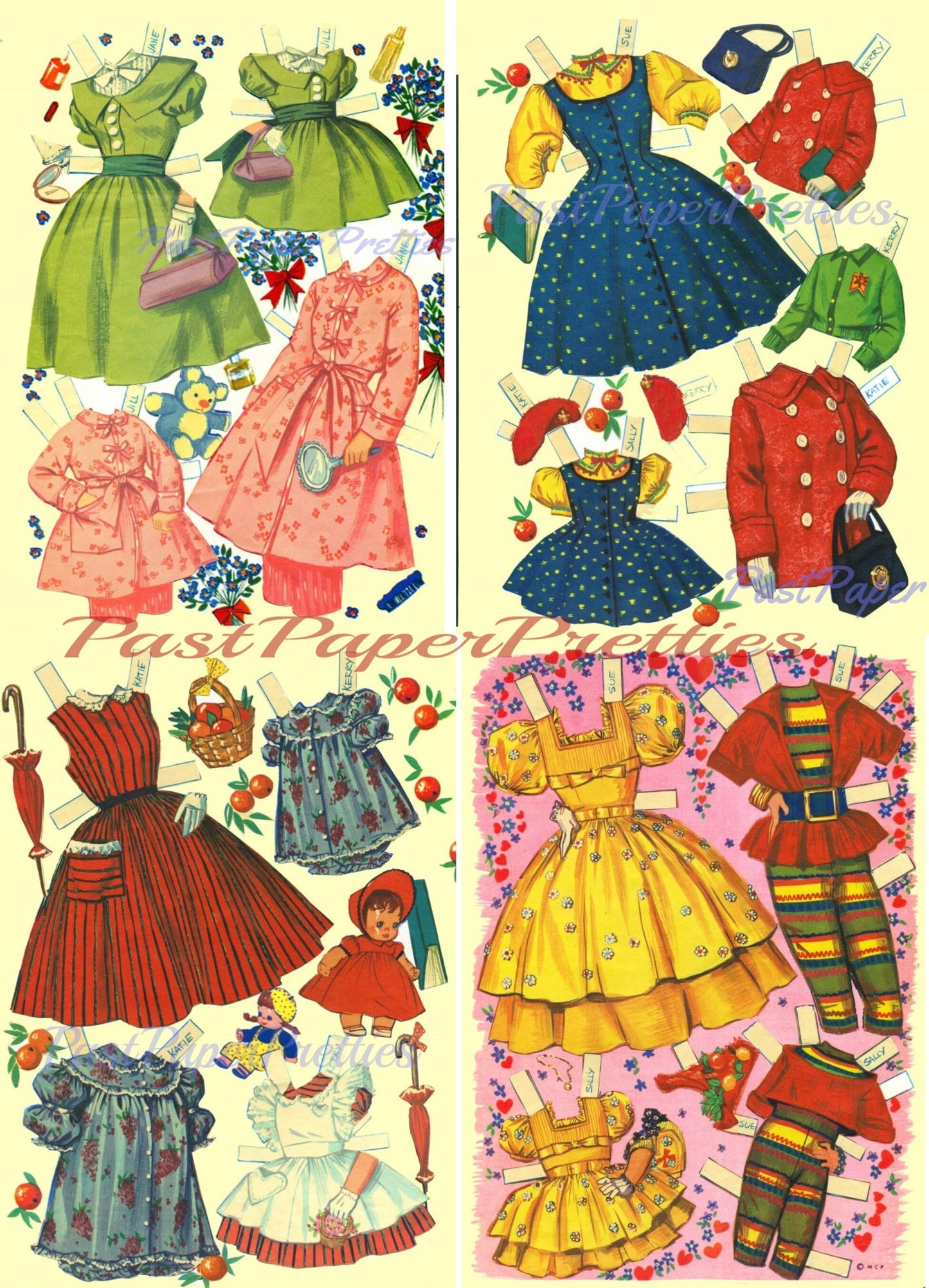 Vintage Paper Dolls 6 and Sweet 16 c. 1955 Printable PDF Instant Digital Download 6 Pretty Big and Little Sister Dress-Alike Dolls Clip Art