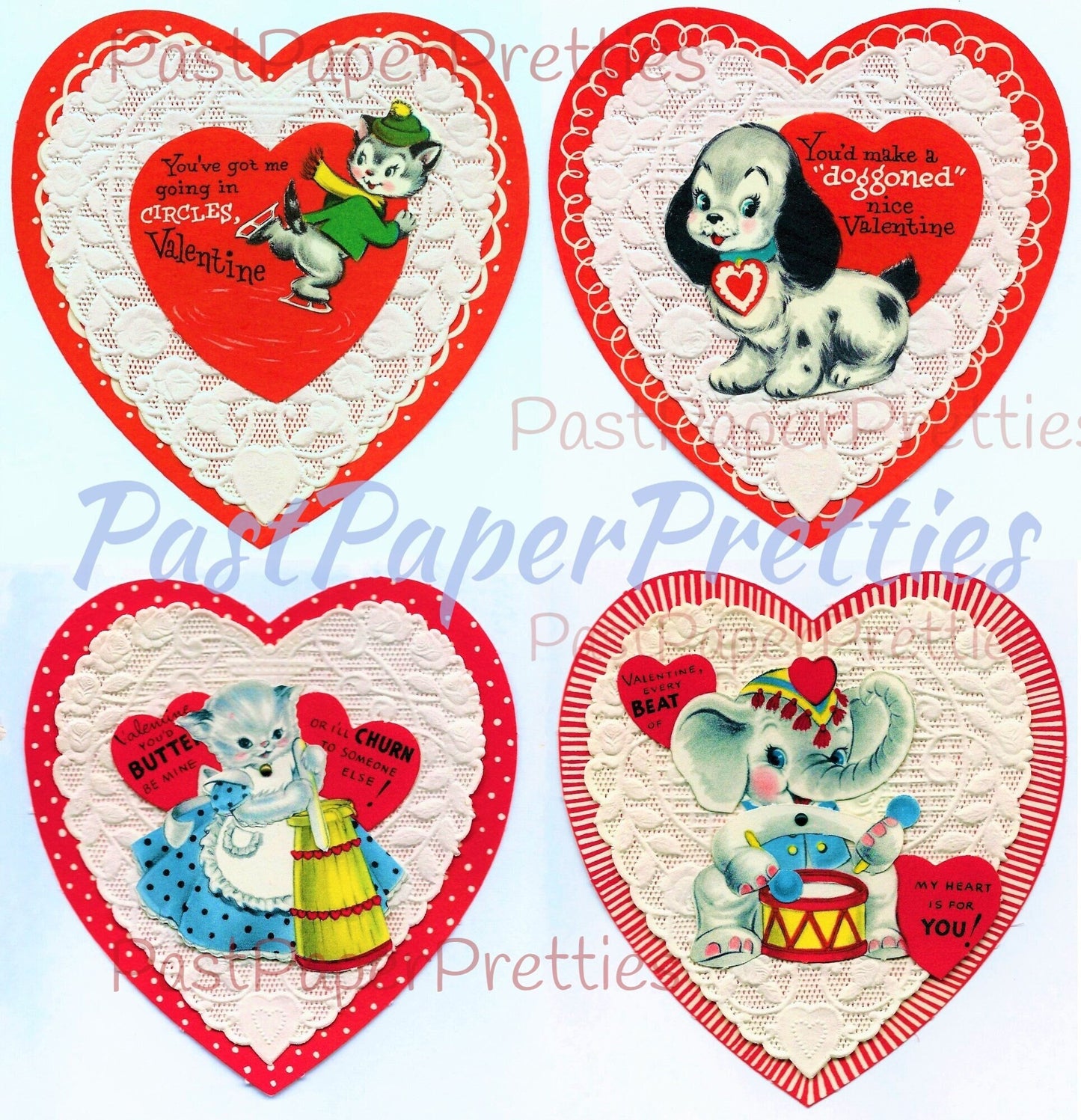 16 Vintage Printable Paper Doily Hearts Valentine Cards Adorable Animal and Objects Anthropomorphic Images PDF Instant Digital Download