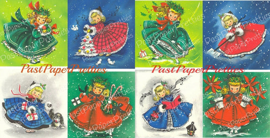 Vintage Printable Cute Christmas Belles Girls Christmas Card Images PDF Instant Digital Download Kitsch Little Miss Ladies Clip Art 1960s