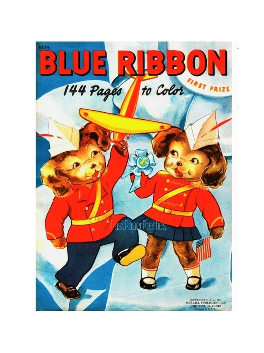 Vintage Printable Coloring Book Blue Ribbon 1941 PDF Instant Digital Download Kitsch Cute Children Animals 144 Pages