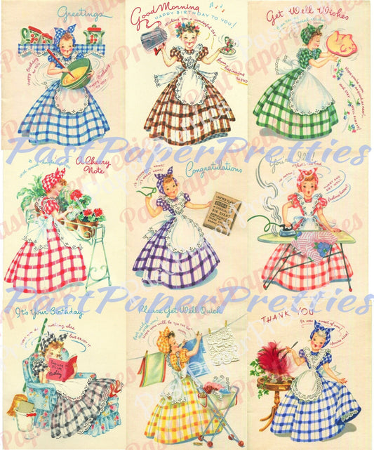 Vintage Printable Pretty Gingham Girls Happy Housewife All Occasion Greeting Card Images PDF Instant Digital Download Birthday Get Well