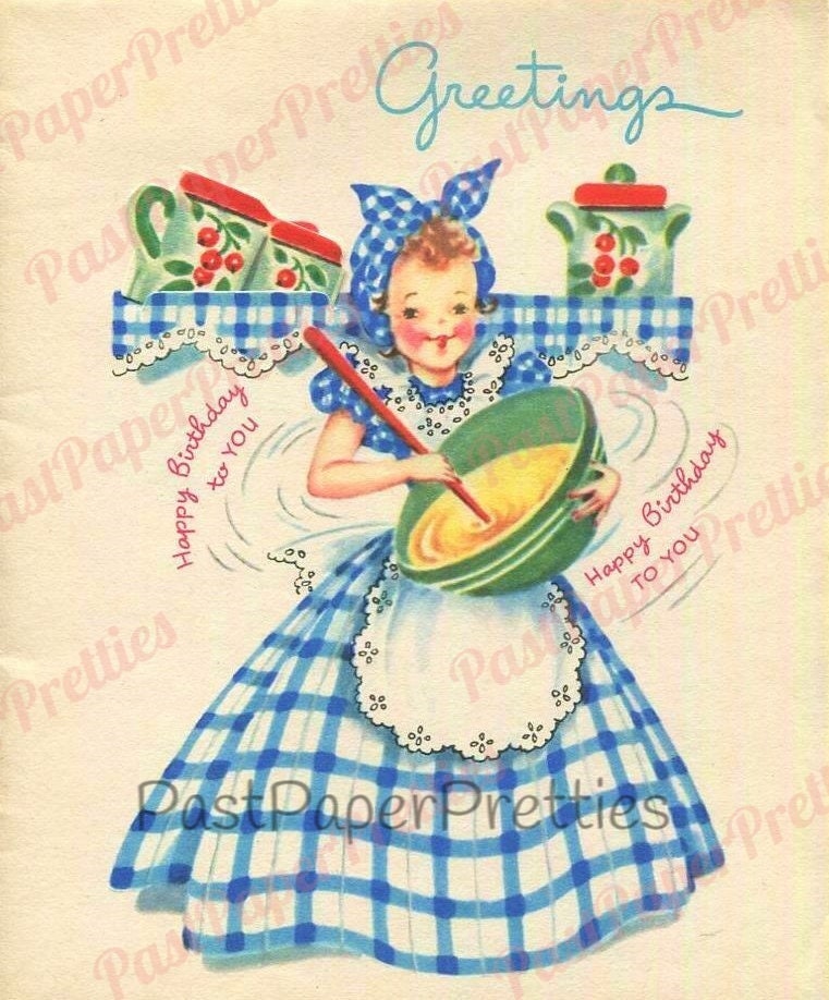 Vintage Printable Pretty Gingham Girls Happy Housewife All Occasion Greeting Card Images PDF Instant Digital Download Birthday Get Well