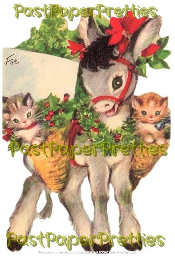 Vintage Printable Christmas Donkey Carrying Kittens Cute Card Image c. 1940s Instant Digital Download Kitsch Animal Clipart JPEG PNG