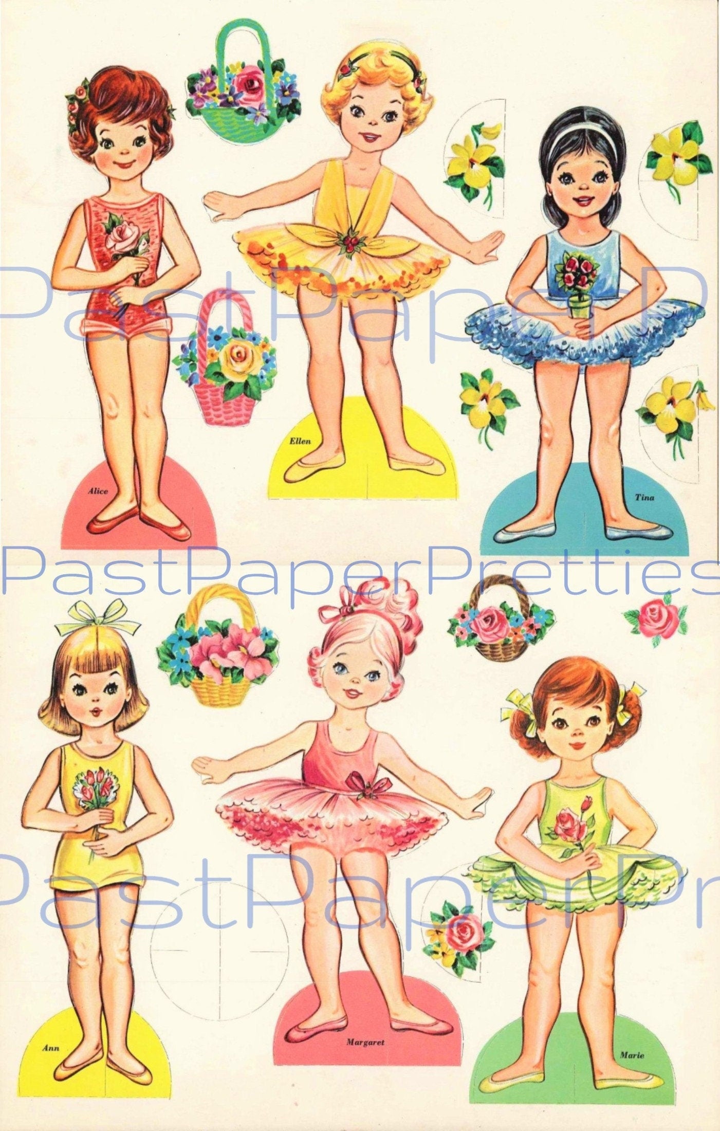 Vintage Paper Dolls Pretty Flower Girls c. 1960 Printable PDF Instant Digital Download Cute Seasonal Outfits for Every Month Kawaii Clip Art