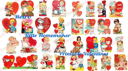 31 Vintage Retro Little Homemaker Themed Valentine Cards Cooking Cleaning Washing Collage Sheets Printable PDF Instant Digital Download