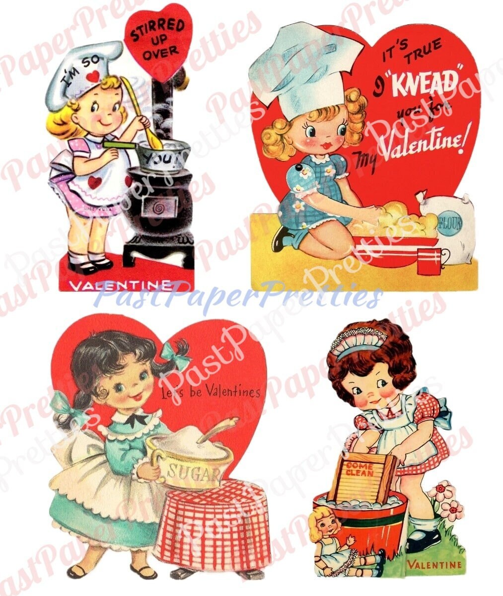 31 Vintage Retro Little Homemaker Themed Valentine Cards Cooking Cleaning Washing Collage Sheets Printable PDF Instant Digital Download