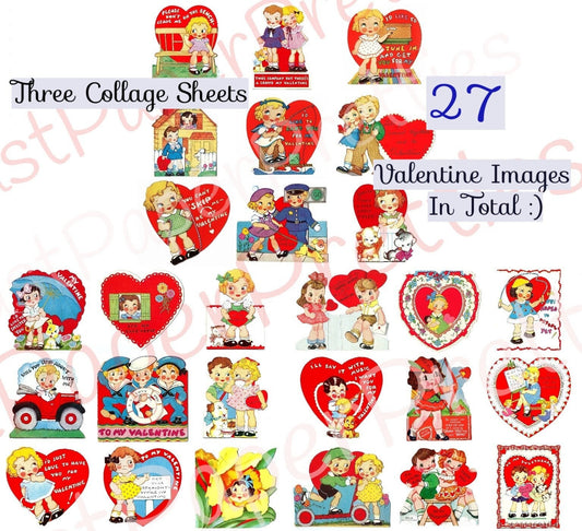 27 Vintage Big Eyed Children Valentine Cards Collage Sheets Cute Kitsch Girls Boys Printable PDF Instant Digital Download 1930s