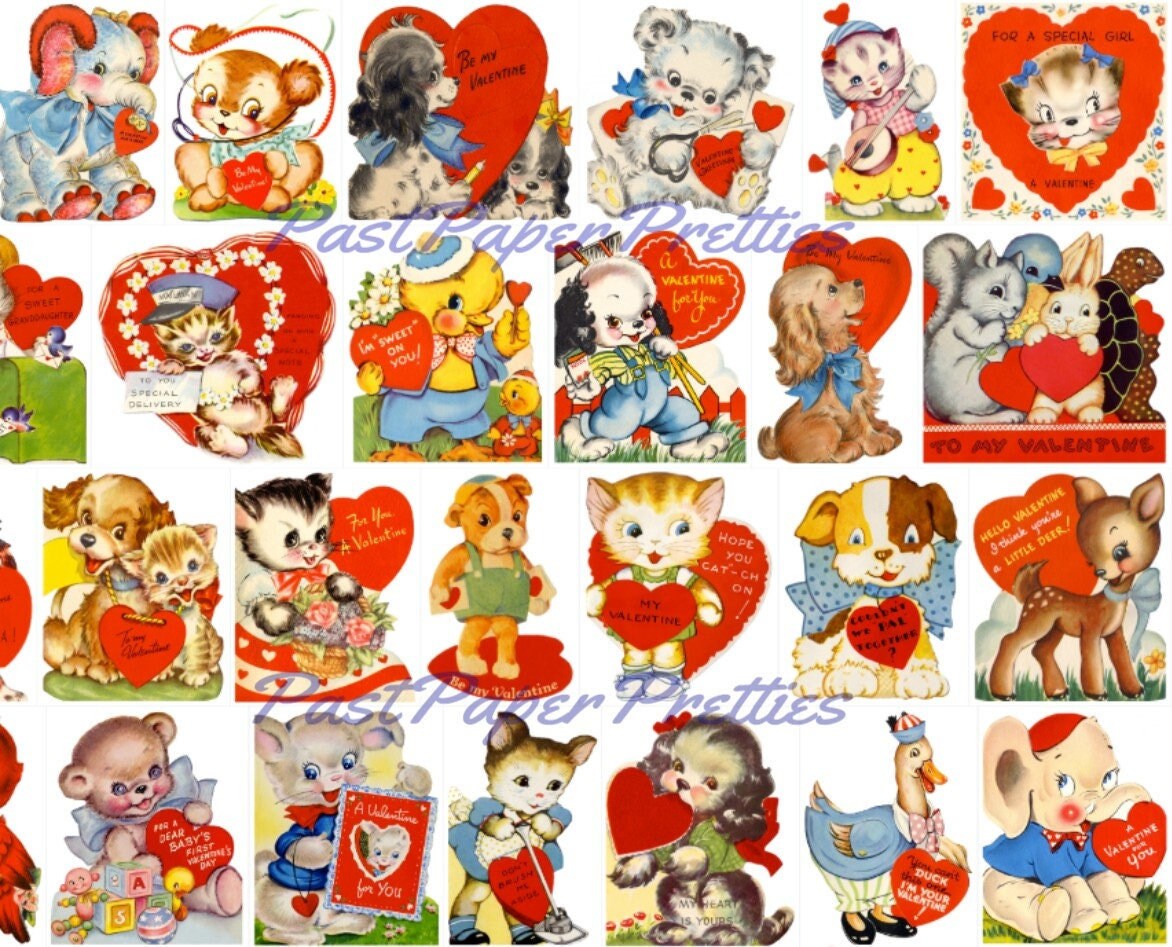 90 Vintage Animal Valentine Cards Adorable Cute Critters Images Printable Collages PDF Instant Digital Download Anthropomorphic Clip Art