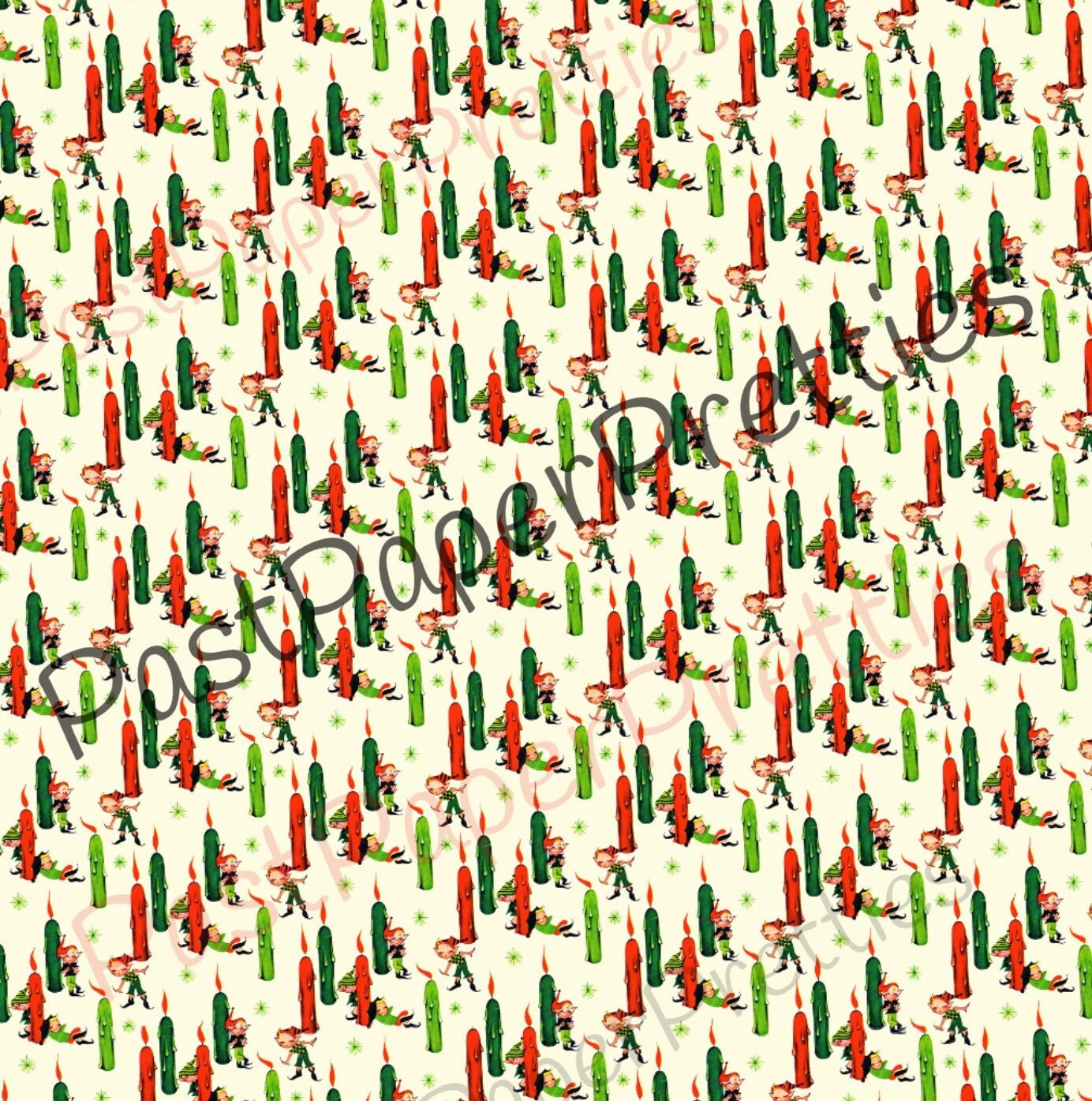 Vintage Retro Printable Christmas Elf Gift Wrap Cute Kitsch Elves Candles Collage Sheet Instant Digital Download Wrapping Paper Clip Art