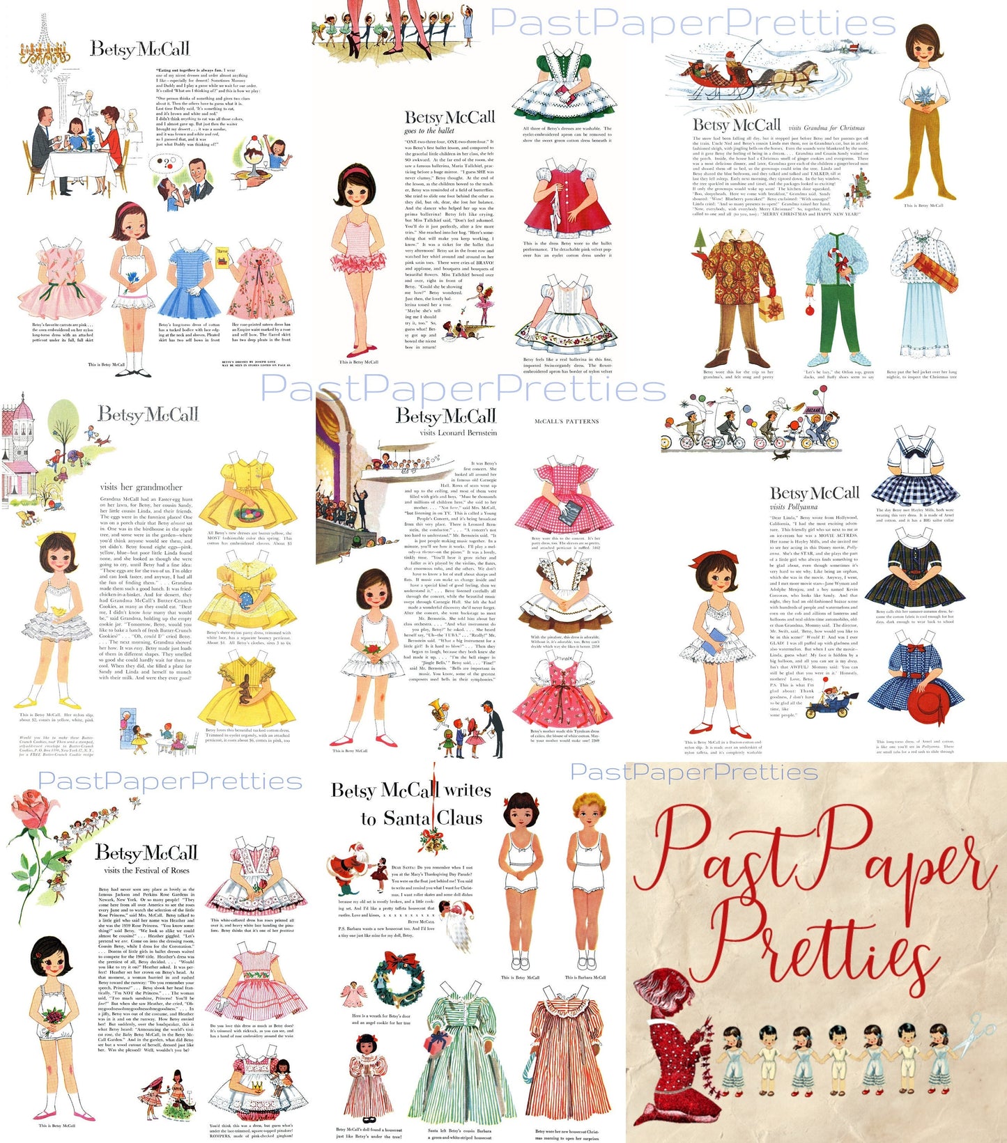 8 Sets Vintage Paper Dolls Betsy McCall Visits and Goes To Collage Sheets c. 1950s - 1960s PDF Printable Digital Instant Digital Download