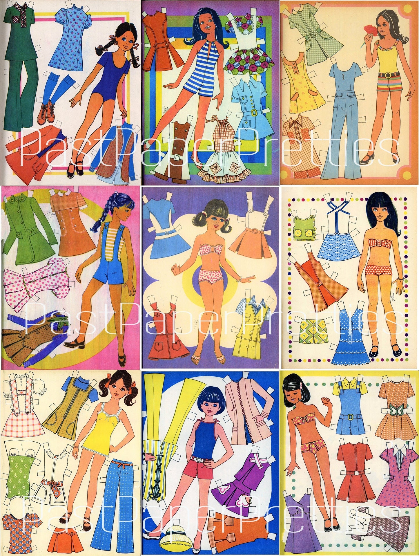 Vintage Printable Paper Dolls Retro Seventies Summer Girls Collage Sheets 1970s Fashions Cut Out Dolls PDF Instant Digital Download 17 Pages