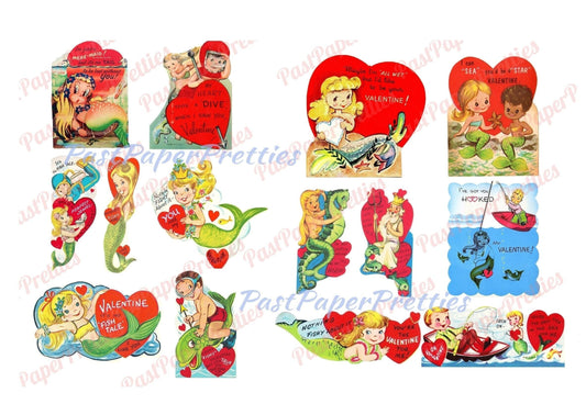 14 Vintage Printable Valentines Retro Mermaids Merman Card Images PDF Instant Digital Download Kitsch Kawaii Cute Mermaid Clip Art 300 dpi