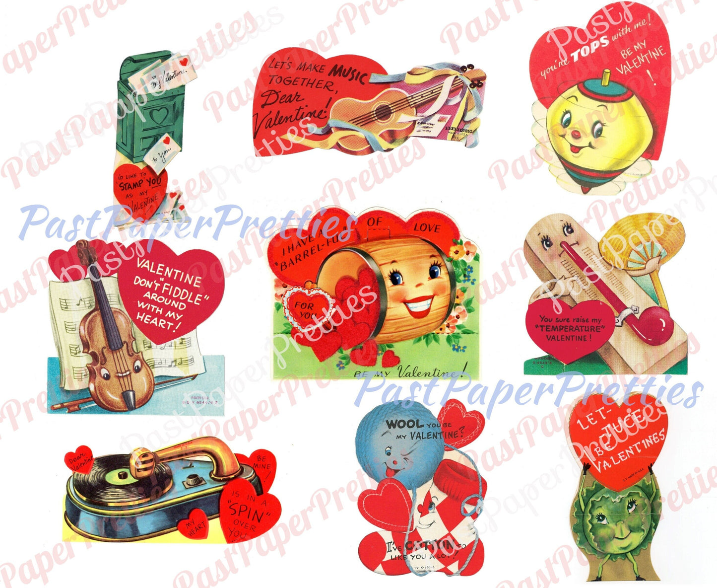 72 Vintage Kitsch Anthropomorphic Valentine Cards Images Fruit Veggies Items Objects Collage Sheets Printable PDF Instant Digital Download
