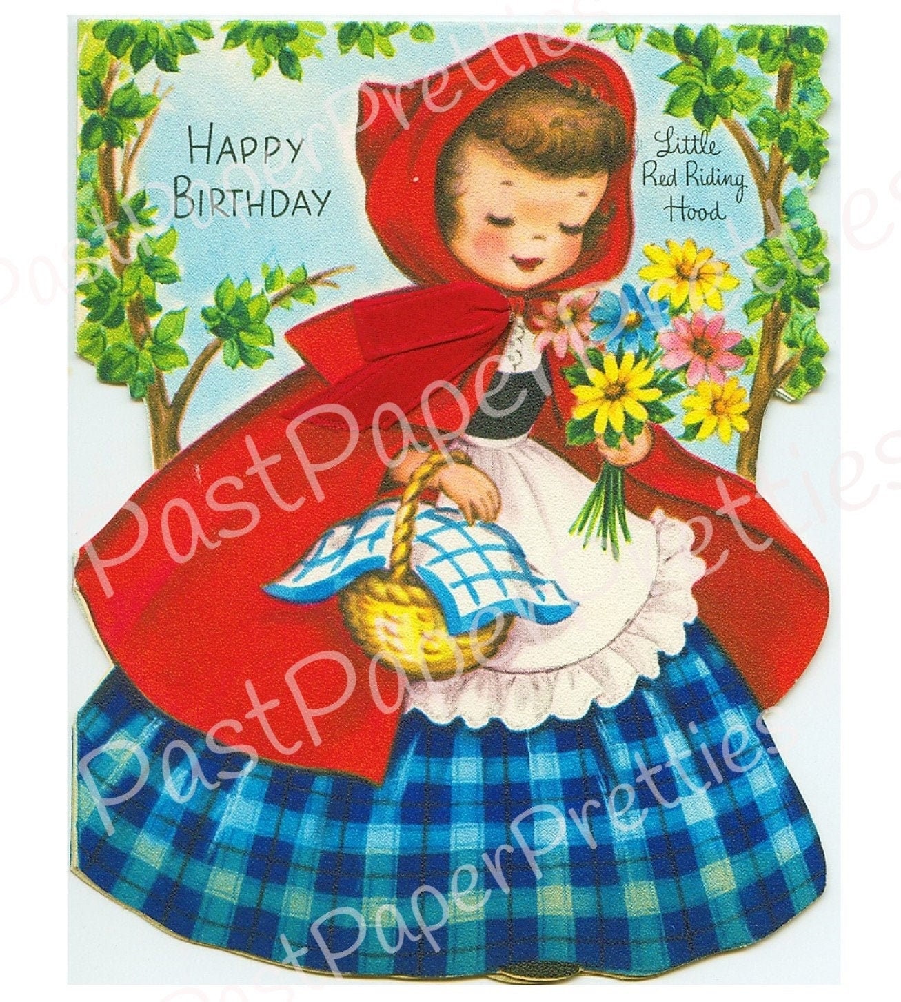 Vintage Printable Little Red Riding Hood Happy Birthday Greeting Card Image Instant Digital Download Kitsch Cute Pretty Girl Clip Art