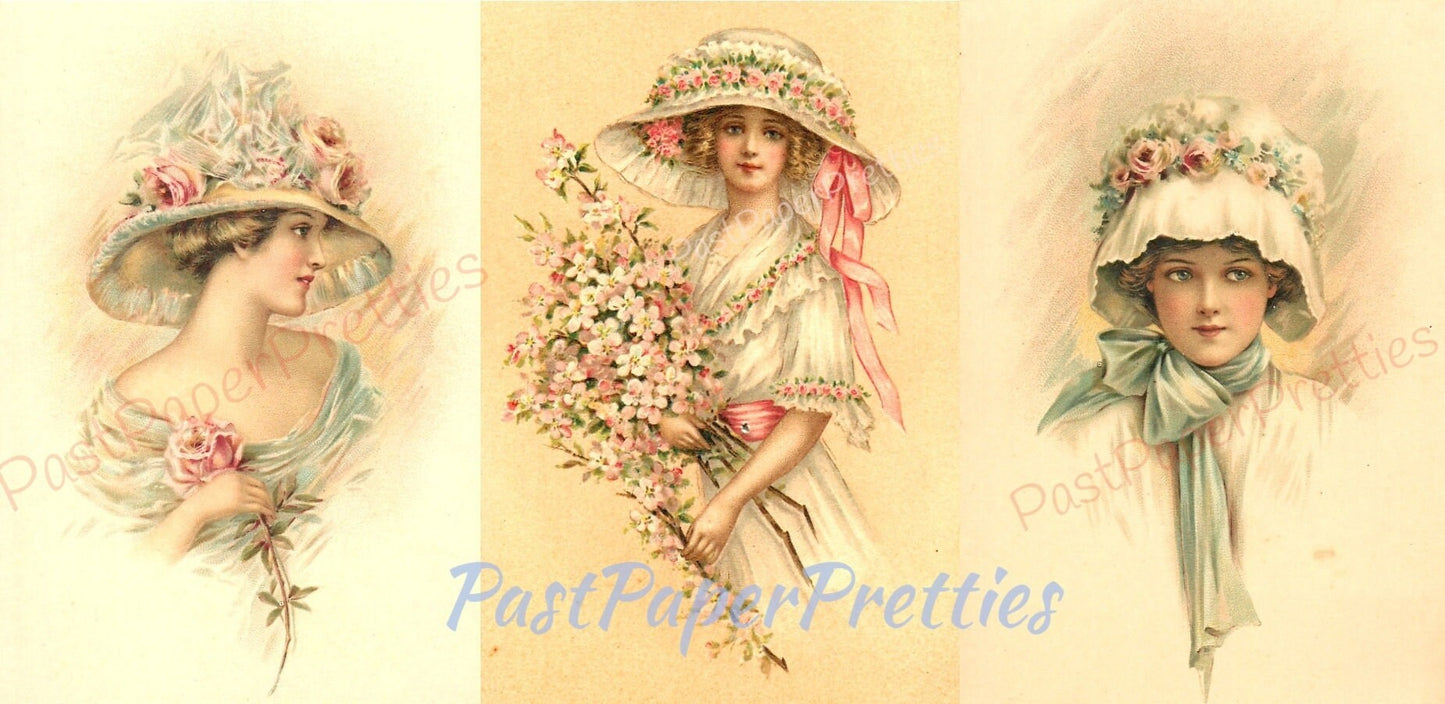 Vintage Victorian Beauties Romantic Portraits Postcard Images c. 1910 Printable Instant Digital Download Set of 3 Pretty Ladies 300 dpi