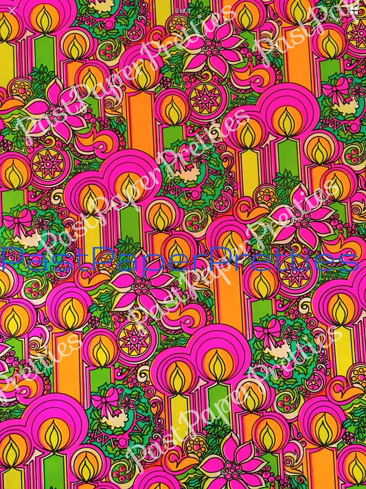 Vintage Printable Christmas Gift Wrap Retro Groovy Mod Funky Candles Wreaths c. 1968 Instant Digital Download Bright Festive Wrapping Paper