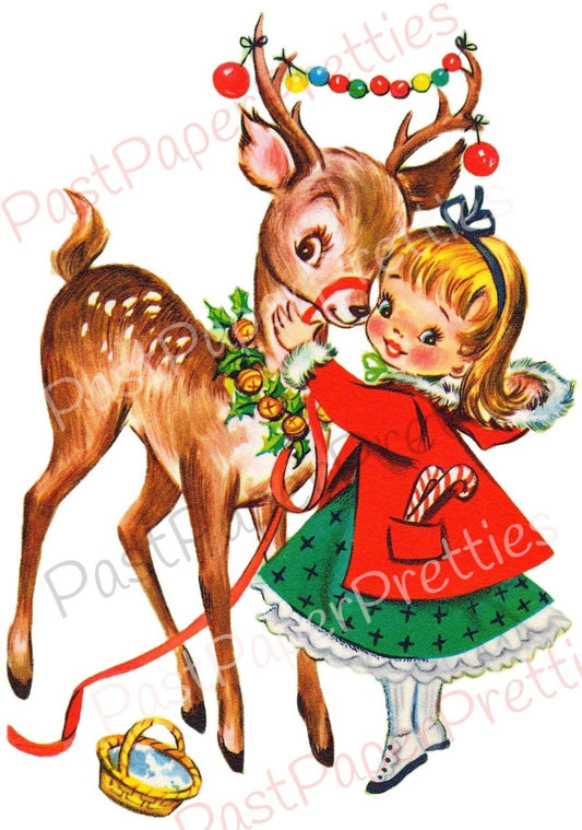 Vintage Printable Cute Christmas Girl and Reindeer Card Image Retro 1950s PDF Instant Digital Download Kitsch Holiday Clipart JPEG PNG