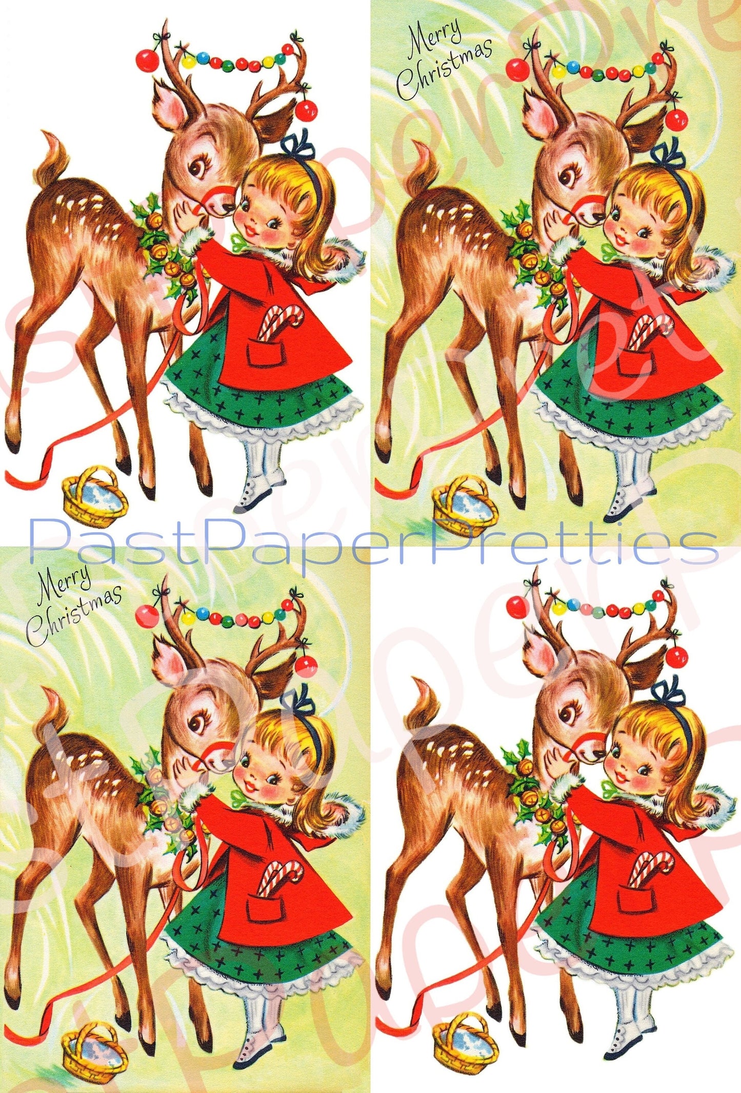 Vintage Printable Cute Christmas Girl and Reindeer Card Image Retro 1950s PDF Instant Digital Download Kitsch Holiday Clipart JPEG PNG