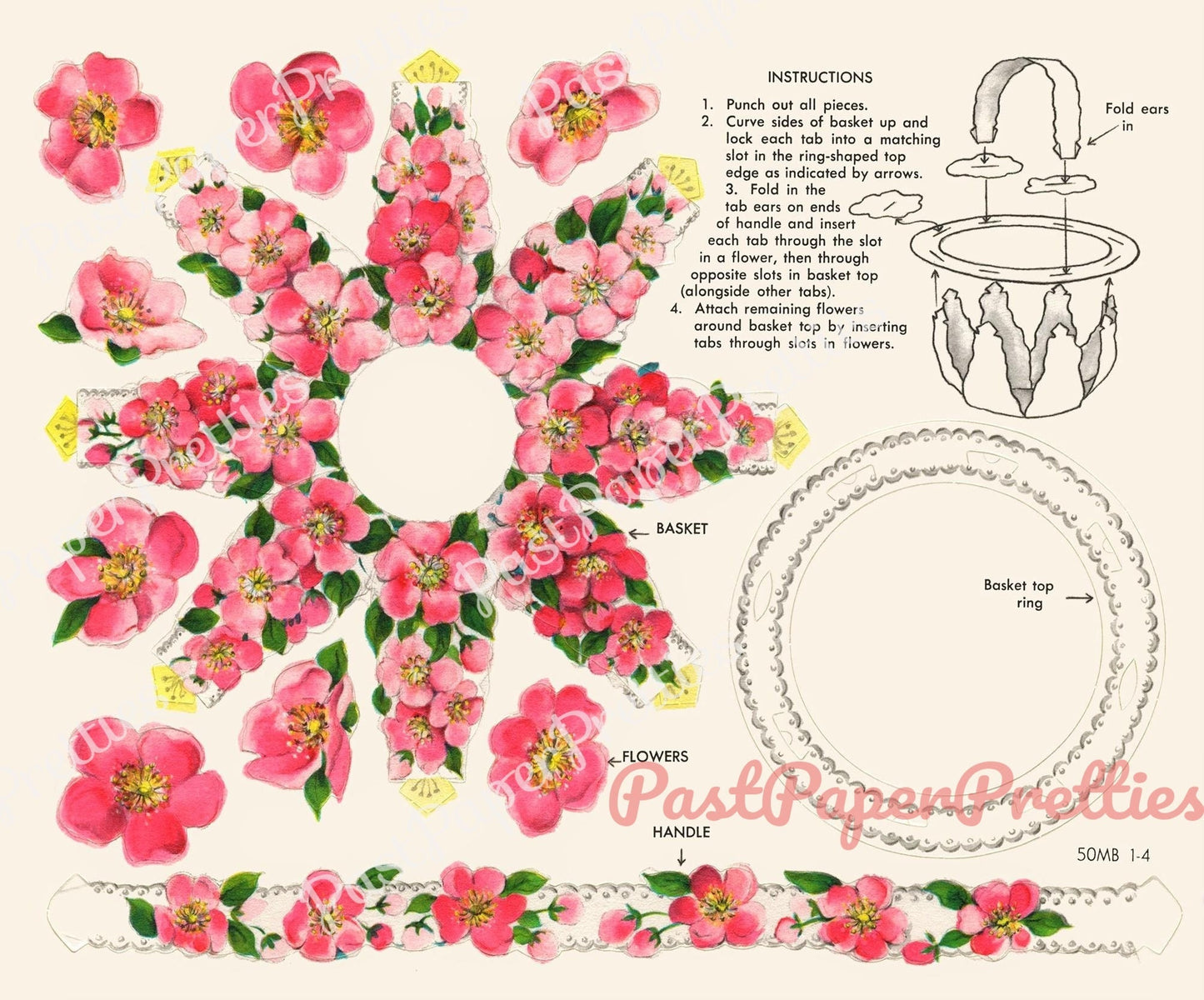 Vintage Printable May Day Easter Flower Baskets c. 1954 PDF Instant Digital Download Cut Out and Assemble Paper Spring Baskets SET THREE