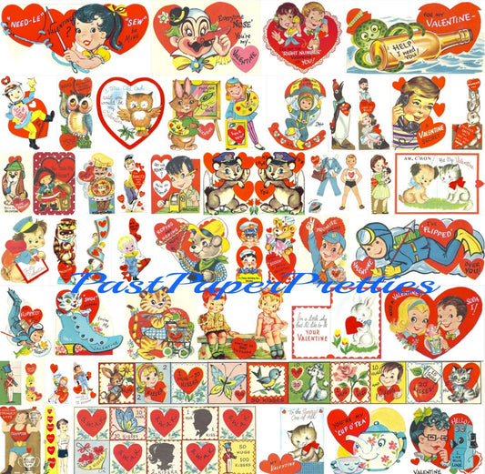 180 Vintage Printable SINGLE Valentine Cards Cute Retro Children Animals Images 1960s 1970s Instant Digital Download Seals Envelopes 300 dpi