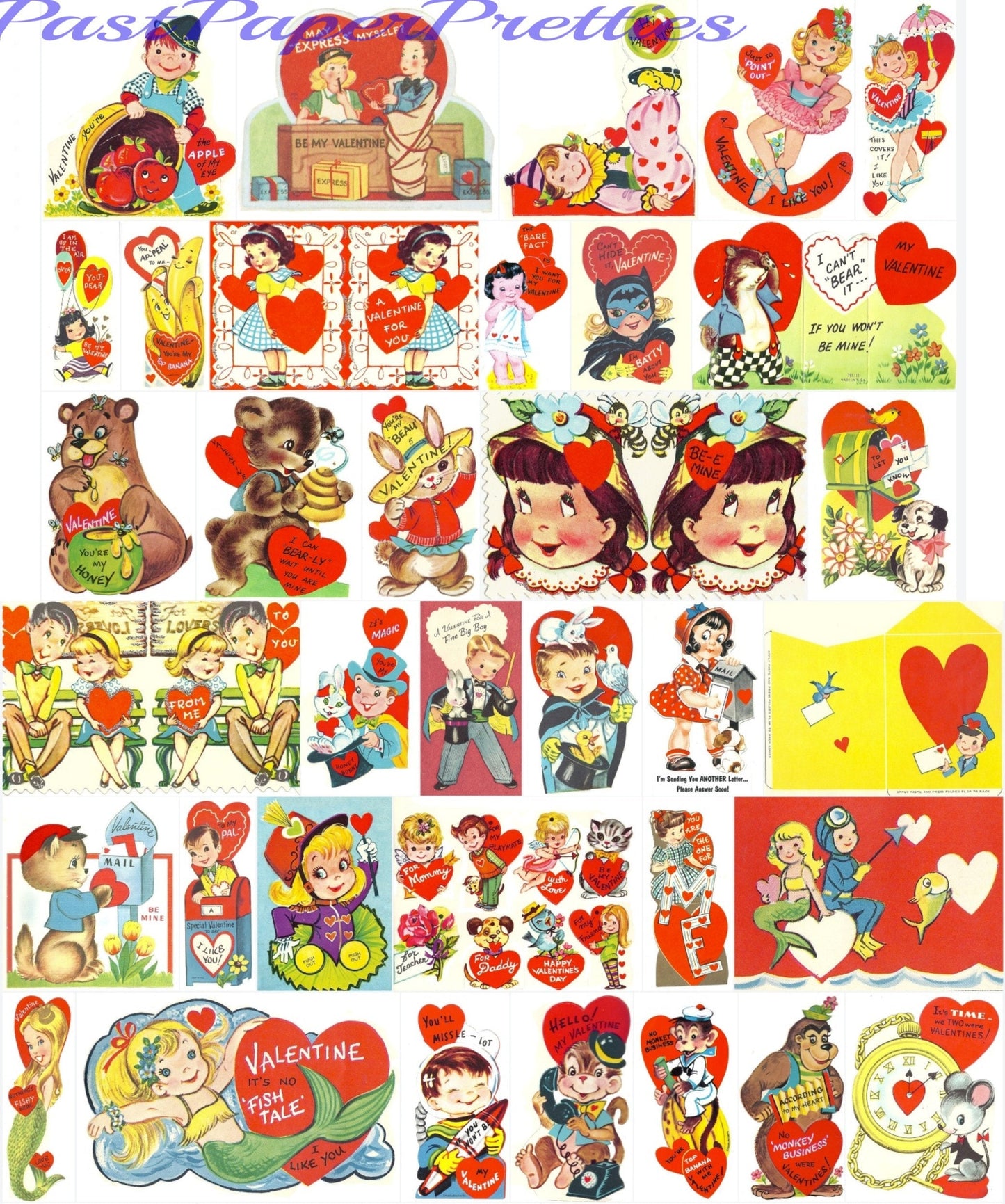 180 Vintage Printable SINGLE Valentine Cards Cute Retro Children Animals Images 1960s 1970s Instant Digital Download Seals Envelopes 300 dpi