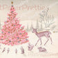 Vintage Printable Snowy Pink Christmas Tree Woodland Animals Forest Scene Card Image Instant Digital Download Kitsch Retro Holiday Clip Art