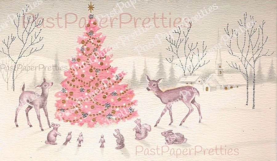 Vintage Printable Snowy Pink Christmas Tree Woodland Animals Forest Scene Card Image Instant Digital Download Kitsch Retro Holiday Clip Art