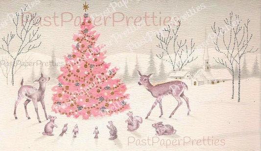 Vintage Printable Snowy Pink Christmas Tree Woodland Animals Forest Scene Card Image Instant Digital Download Kitsch Retro Holiday Clip Art